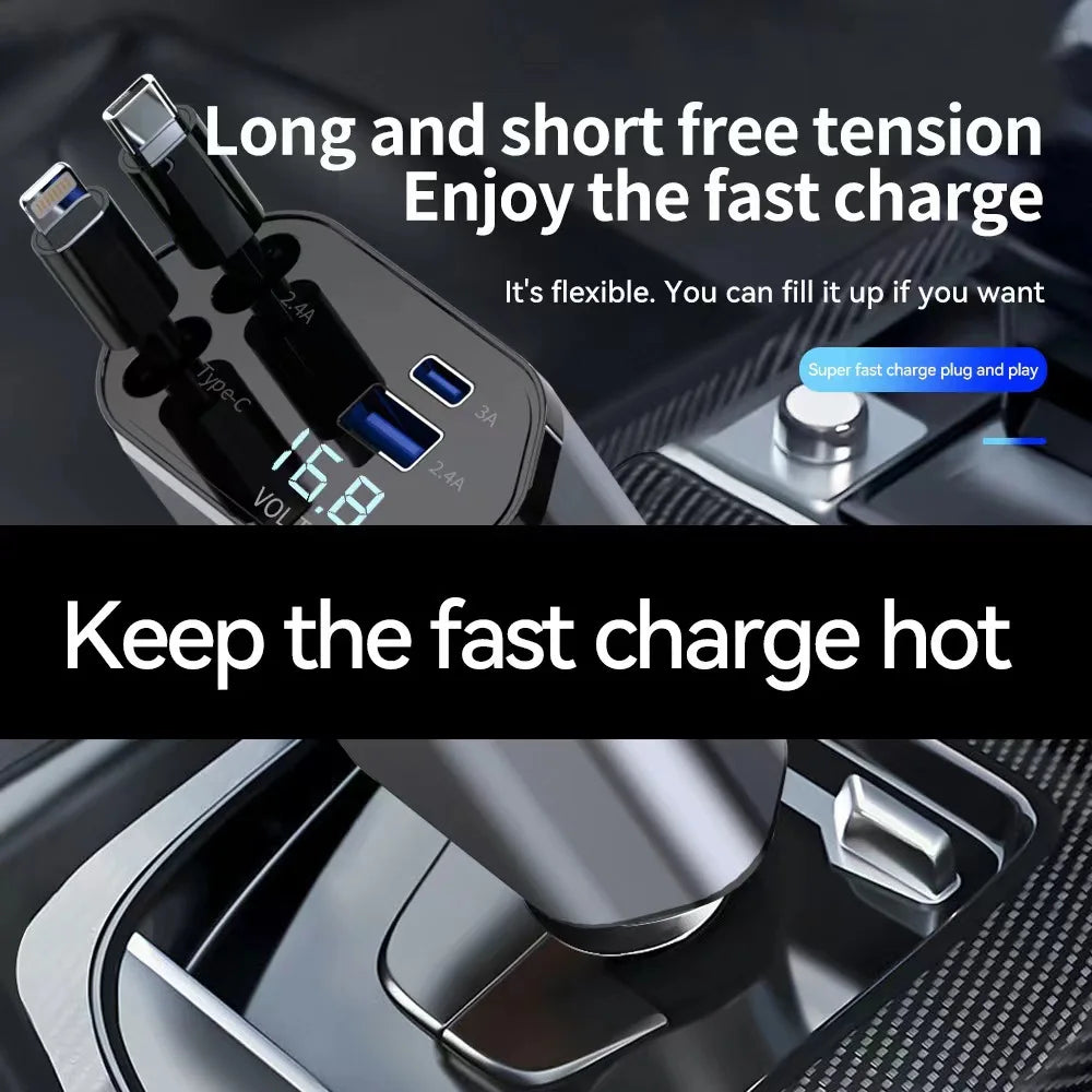 4 In1 Car Mounted Super Fast Charging 120w Charger Retractable Car Charger Fast Charging Car Charger